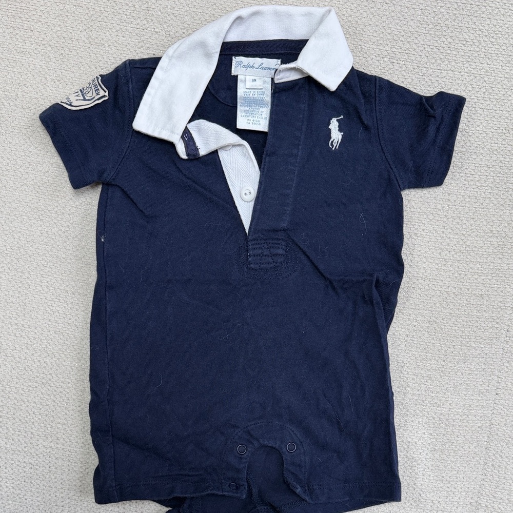 Ralph Lauren Navy Polo Baby Romper with White Collar